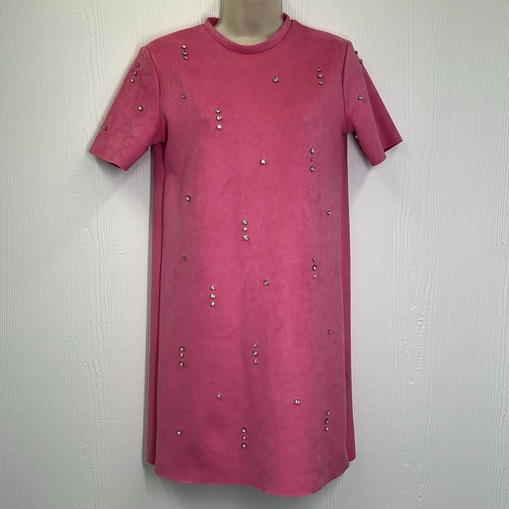 Zara - Pink Faux Suede Jewel Rhinestone Light Short Sleeve Mini Dress Size XS - Picture 3 of 13